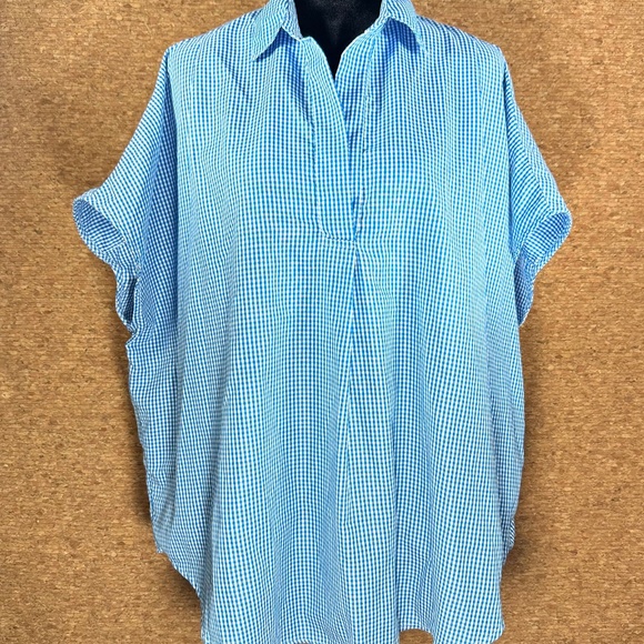 Blue Gingham Oversized Sz M Summer/Spring Vibe Blouse Dolman Sleeve Preppy Shirt - Picture 1 of 10